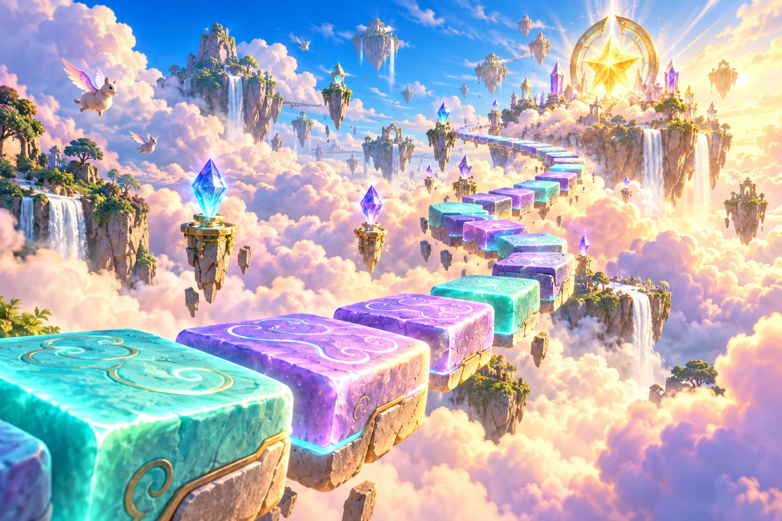 Cloudbound promotional sky realm with floating puzzle tiles, crystal beacons and a golden star