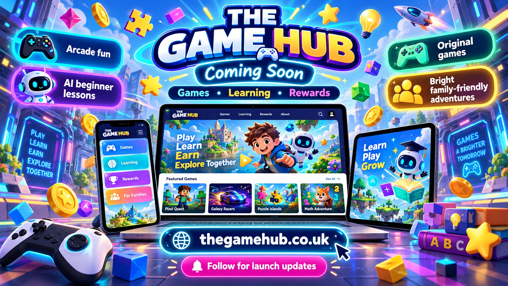 GameHub promotional concept showing a colourful collection of games across devices