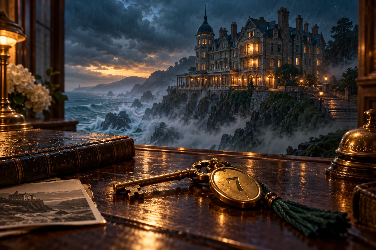 Promotional artwork of a stormy coastal hotel and a brass key marked 7