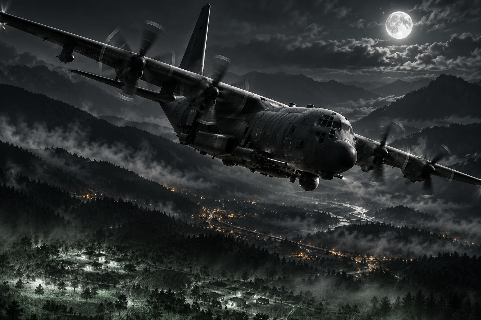 Nightwatch promotional artwork of a four-engine gunship banking above a misty mountain valley