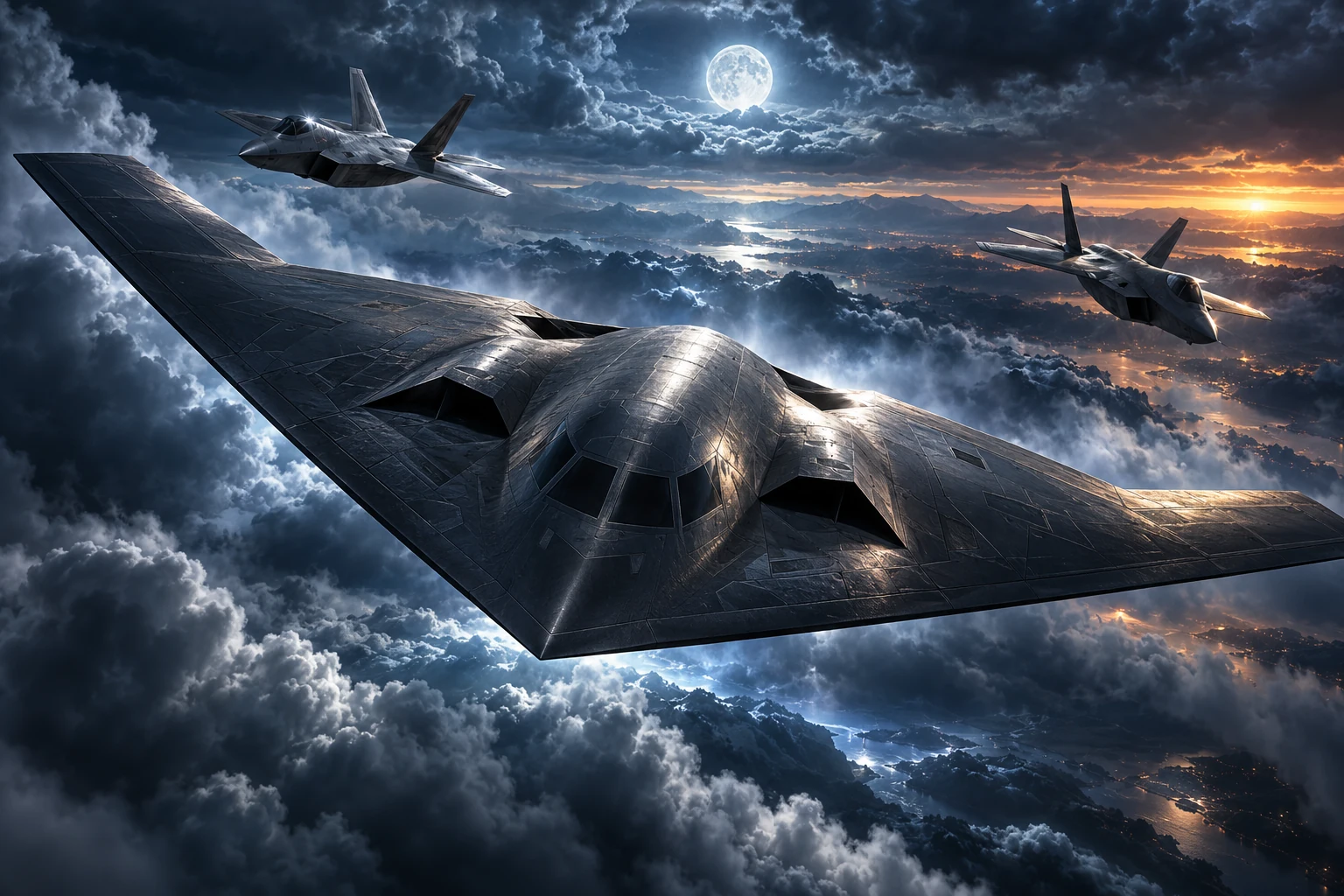 Phantom Wing promotional artwork of a stealth bomber and two fighter jets above clouds