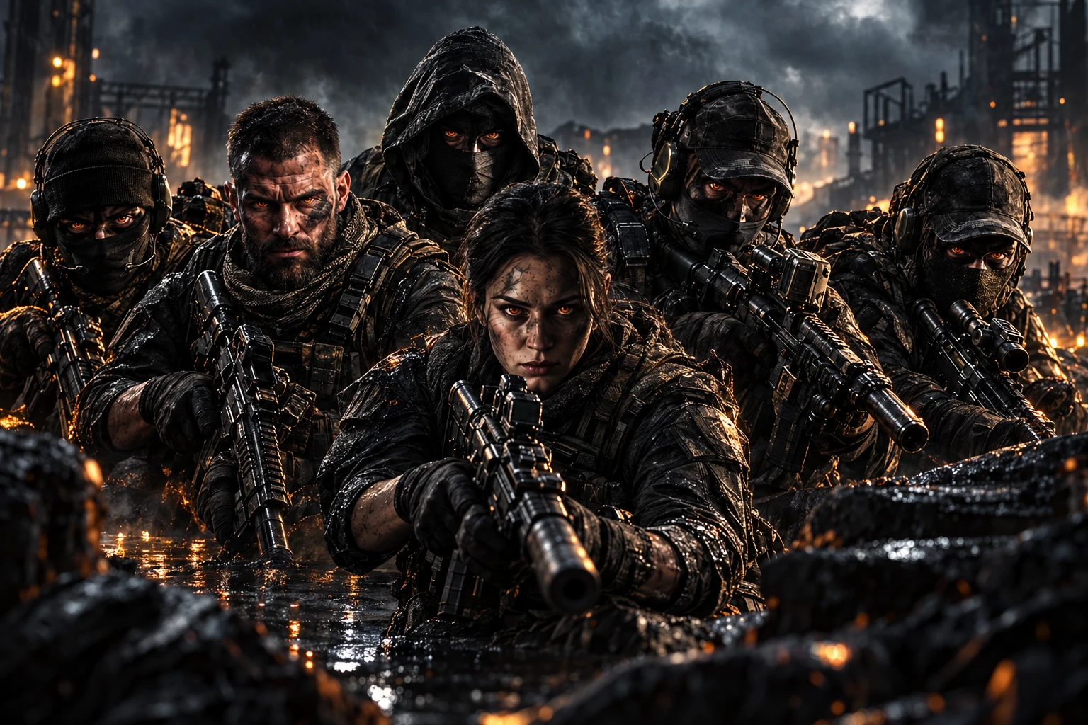 Project Ravel promotional artwork featuring the six human characters with dark camouflage and amber eyes