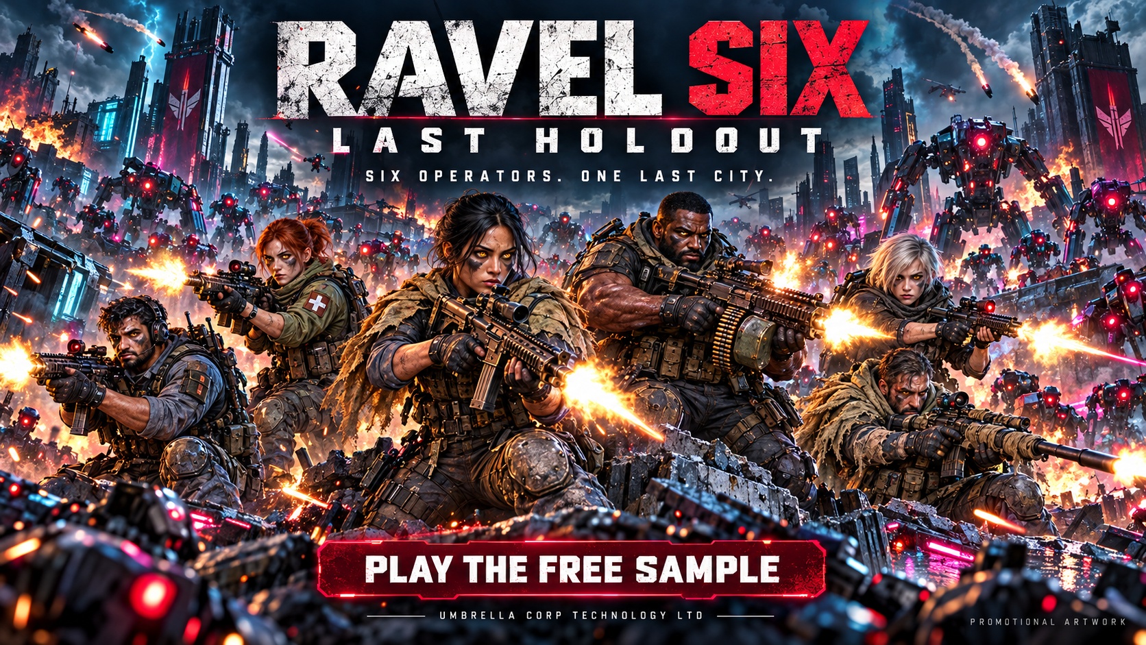 Ravel Six: Last Holdout. Six operators defend the last city against a robot army. Promotional artwork.